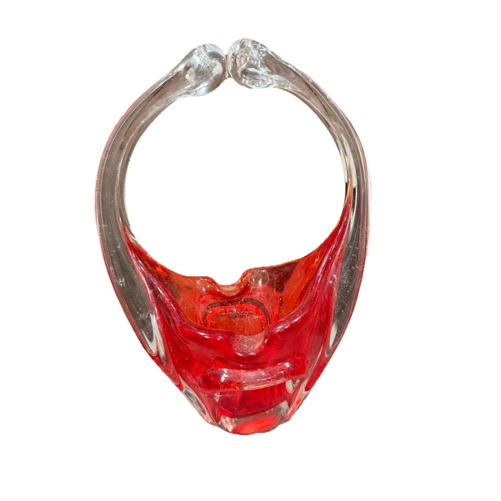 Murano Art Glass Hand Blown Sommerso Basket Joined Handles Submerged Ruby Red